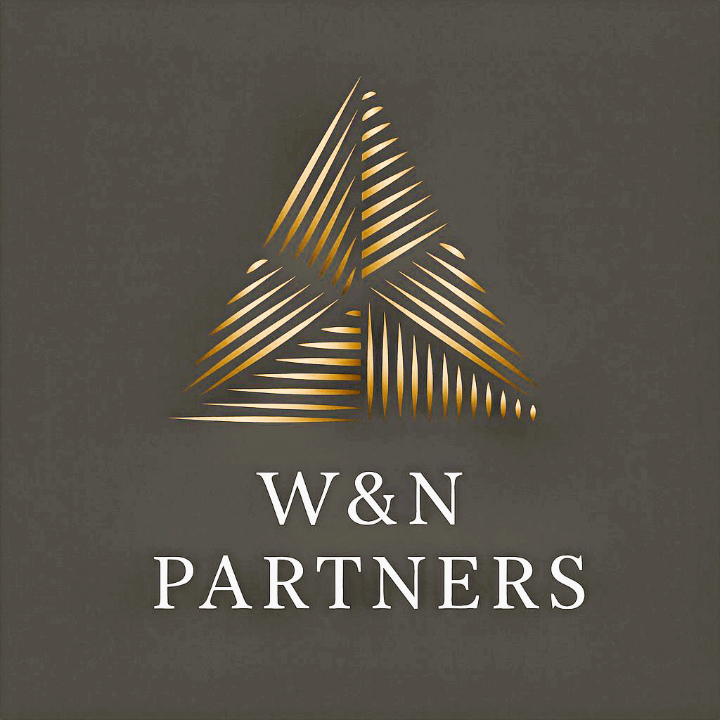Elegant gold and black triangular logo with 'W&N Partners' text.