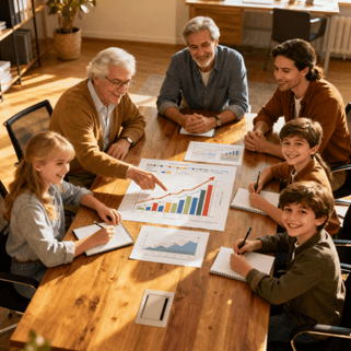 Family discussing charts around a wooden table.
