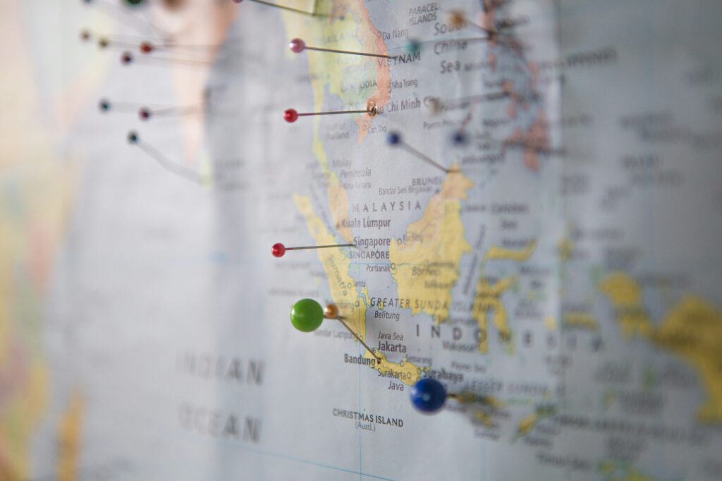 Map with colorful pins marking locations.