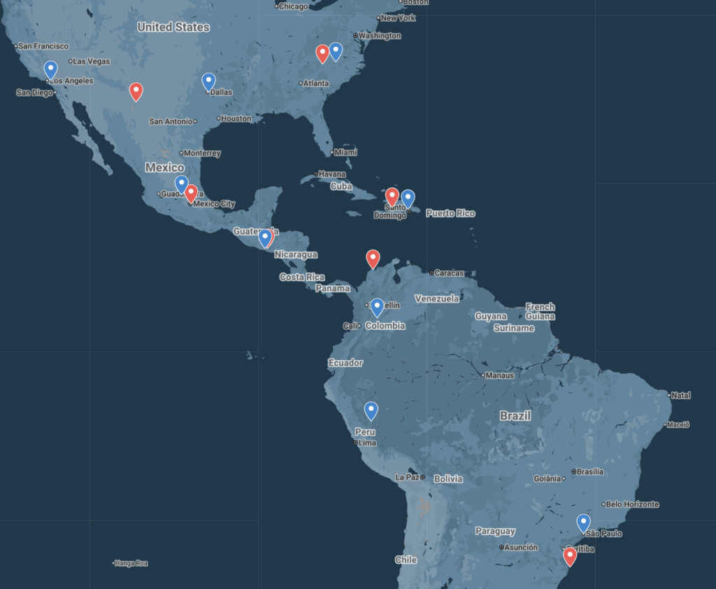 Map of Americas with marked locations.