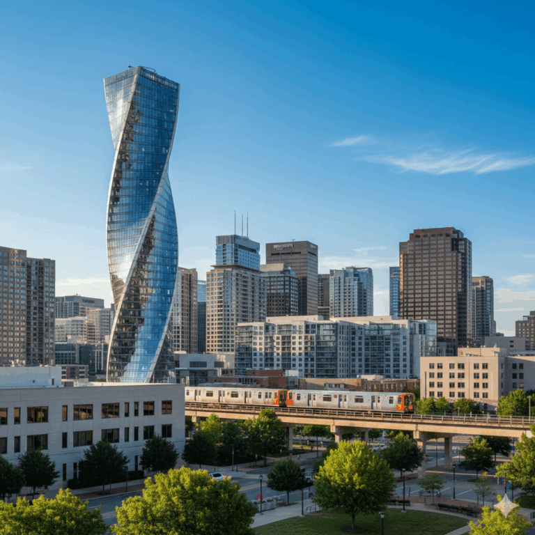 Twisting skyscraper in city skyline view.