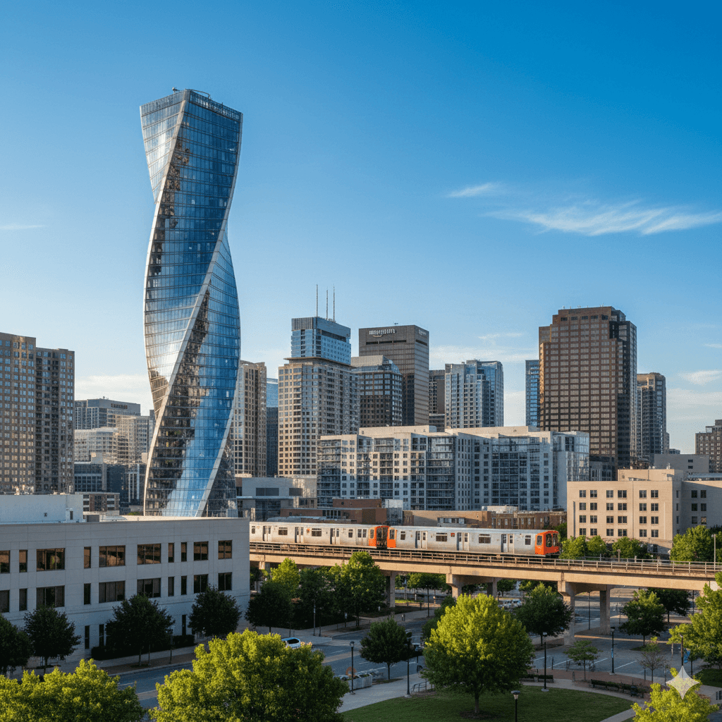 Twisting skyscraper in city skyline view.