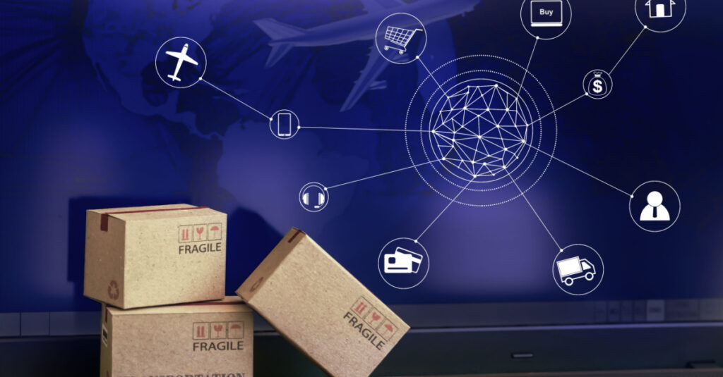 Shipping logistics network with cardboard boxes.