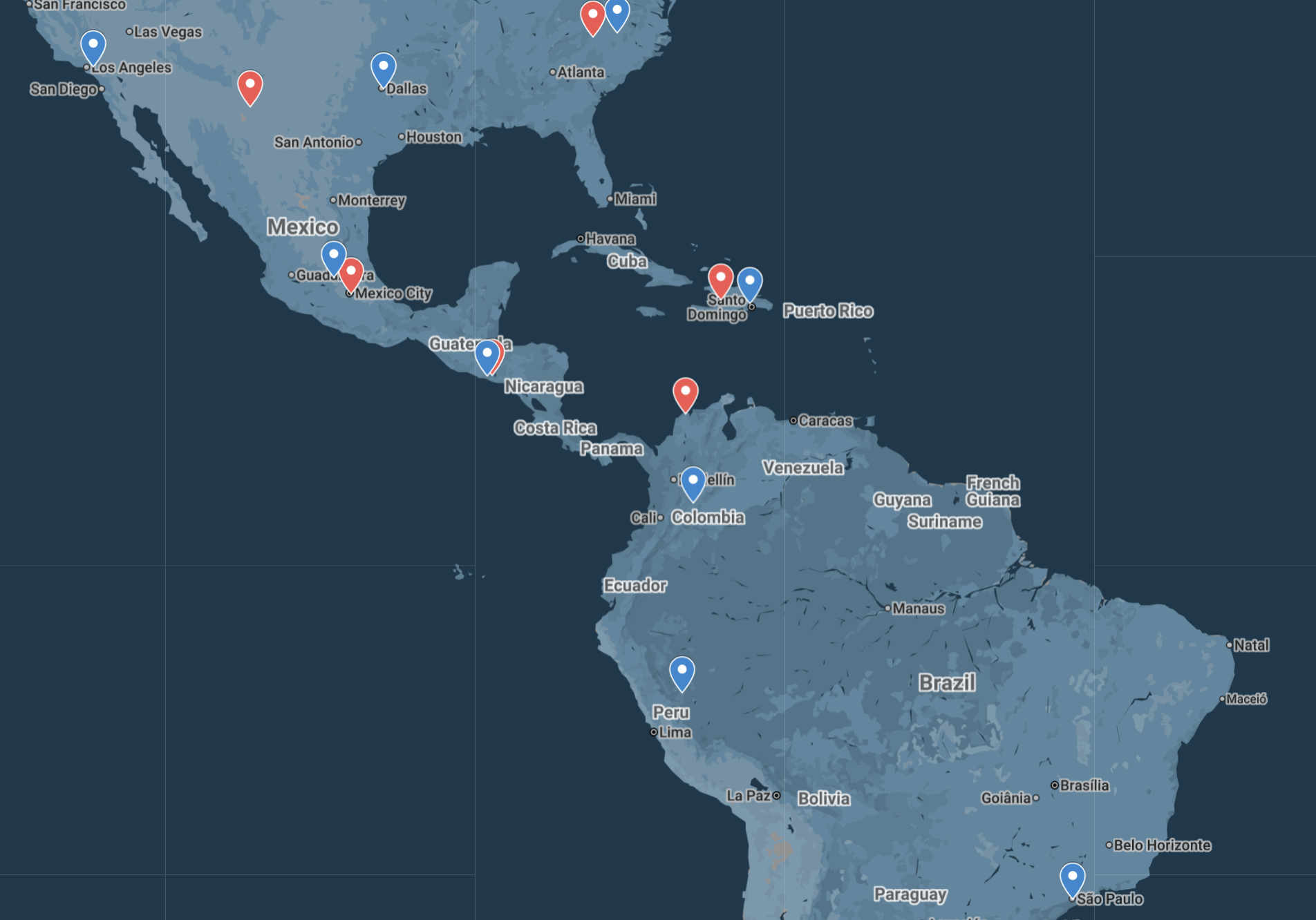 Map of Americas with marked locations.