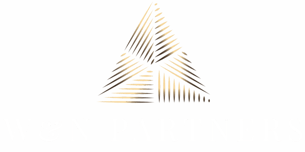 Elegant golden triangular logo with stylized lines.