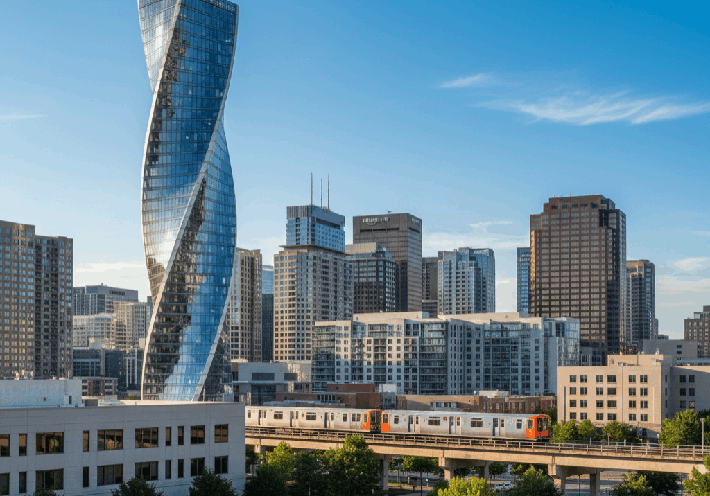 Twisting skyscraper in city skyline view.