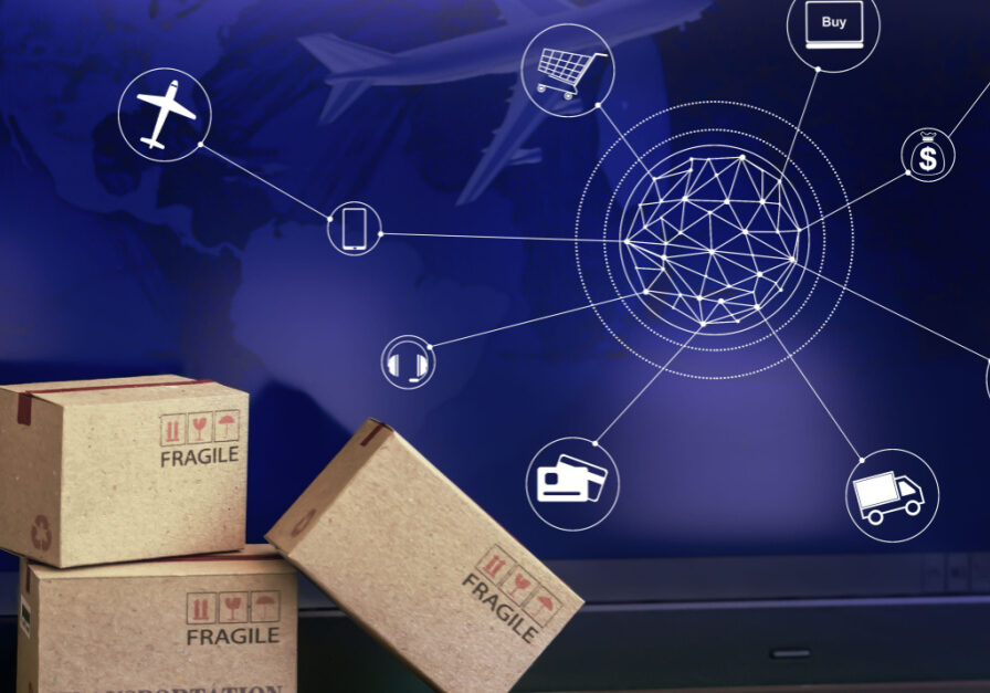 Shipping logistics network with cardboard boxes.