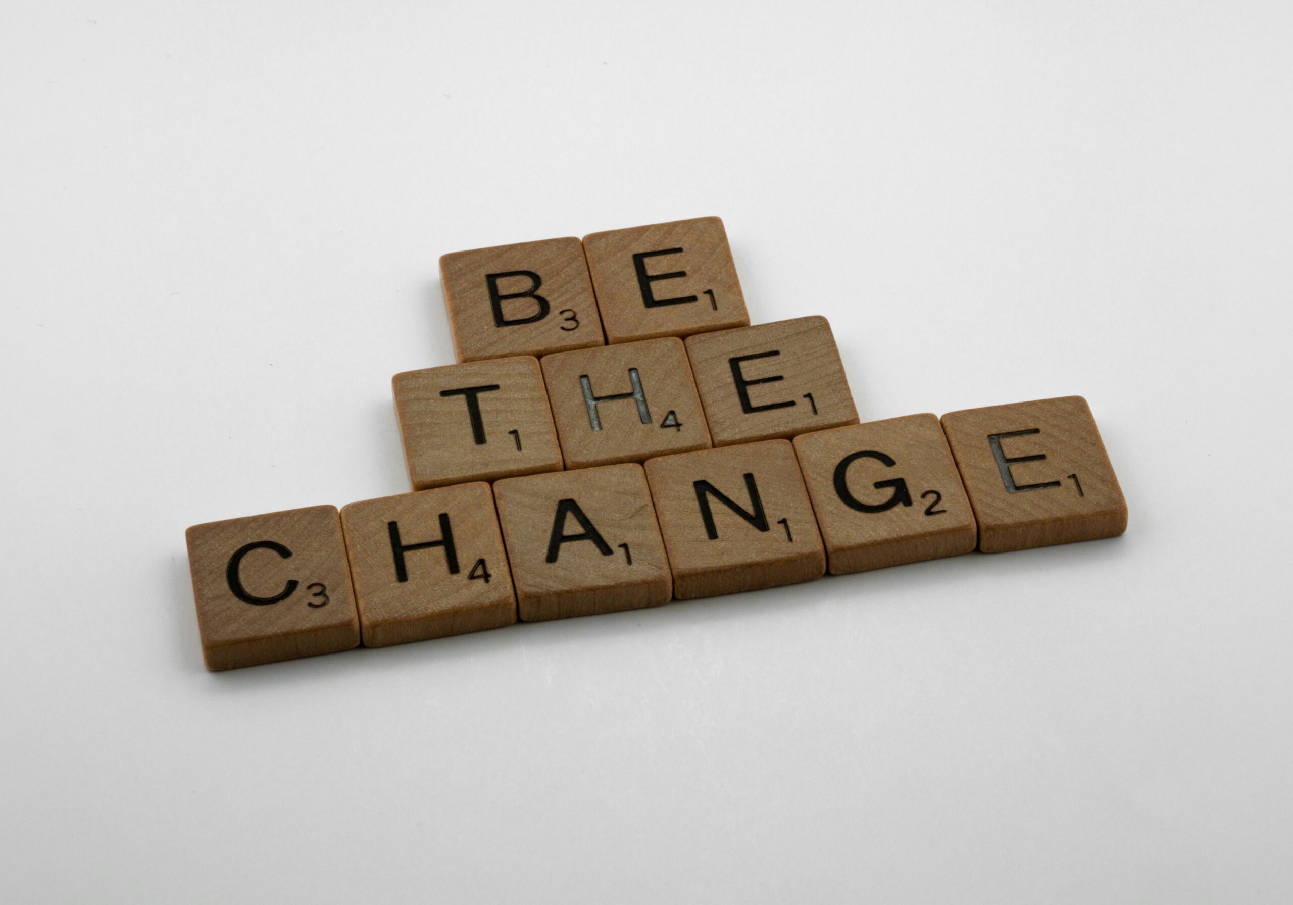 Scrabble tiles spell "Be the Change".