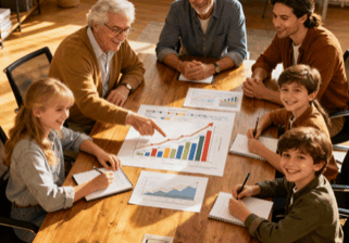 Family discussing charts around a wooden table.