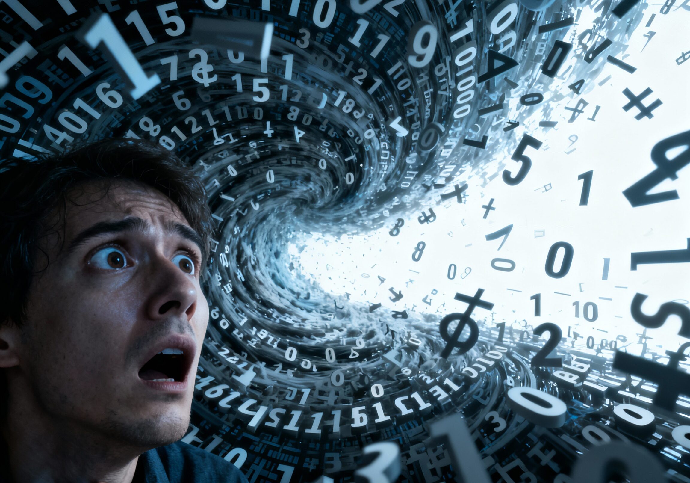 Man surrounded by swirling numbers, looking shocked.