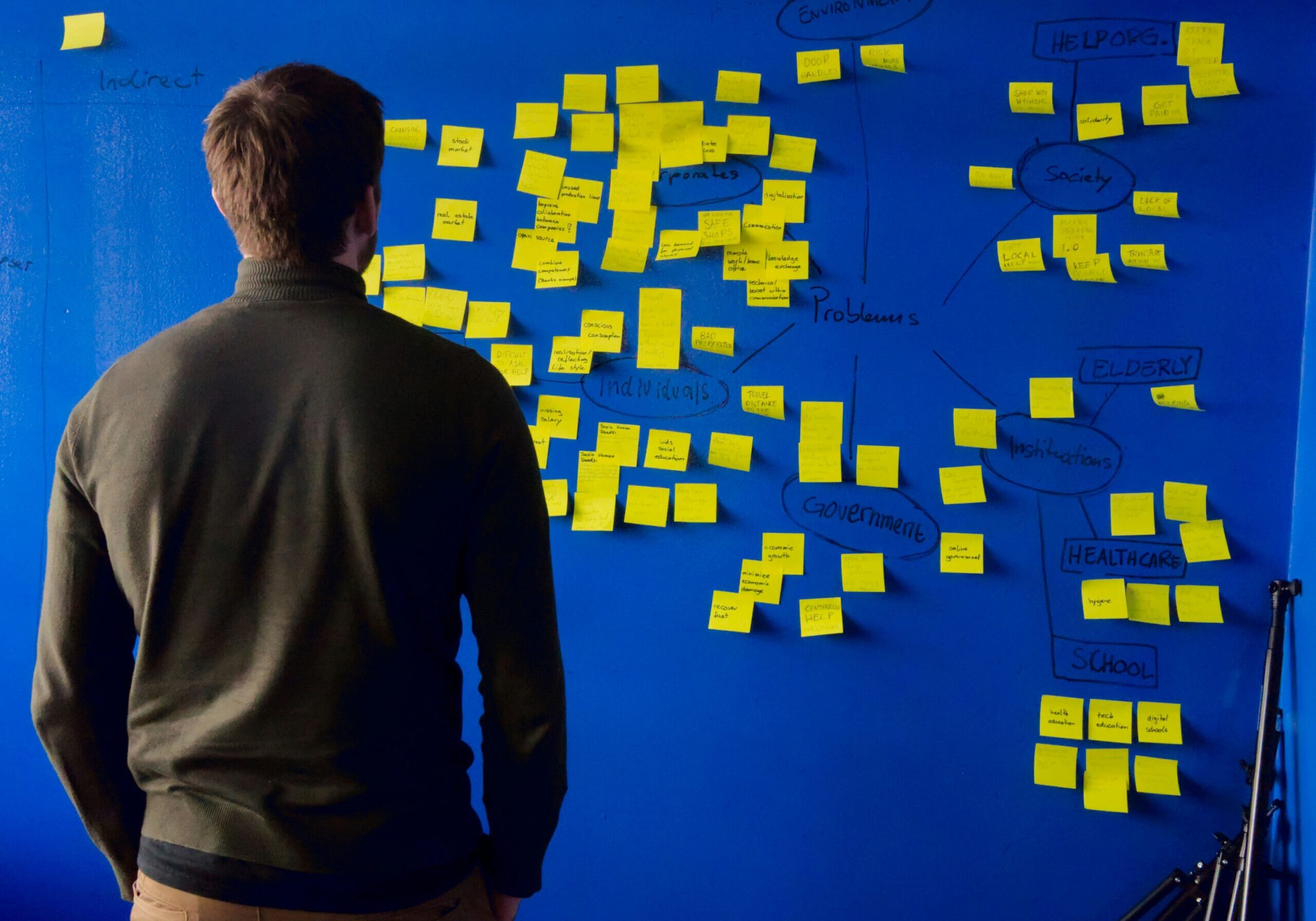 Man observing sticky notes on blue wall.